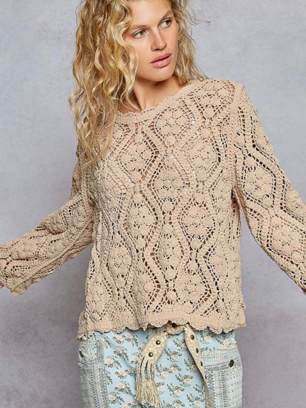 POL Beige Crochet Knit Pullover Long Sleeve Top